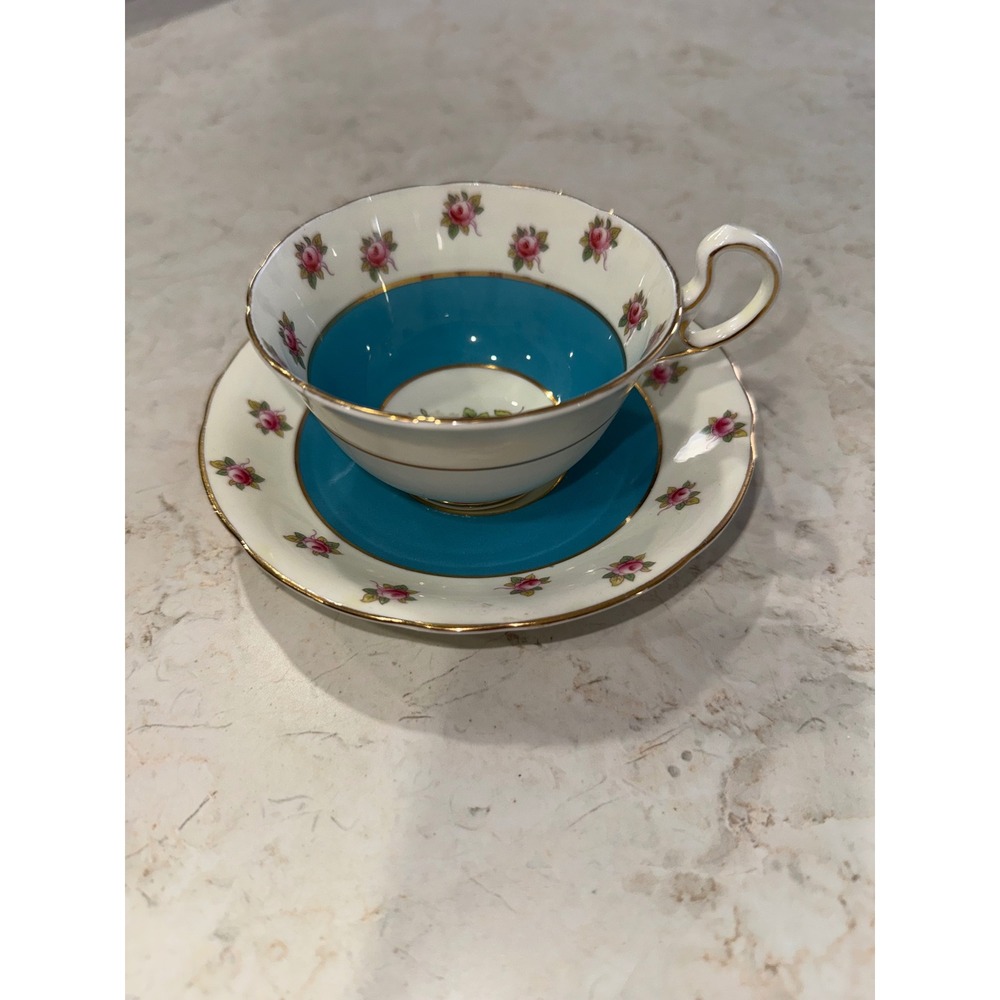 Aynsley Bone China England Cup Saucer Turquoise Band Roses Gold Trim VTG 1940s
